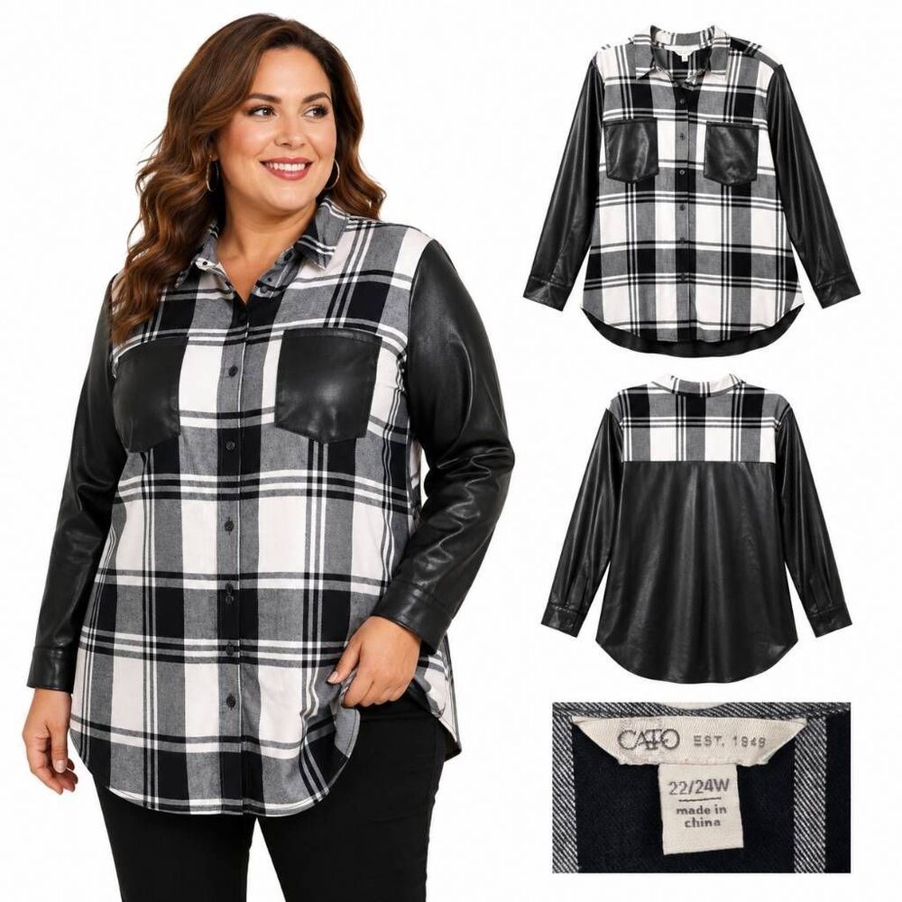 Cato Plaid Faux Leather Button Up Shirt Womens 22/24W